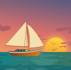 夕阳轮船航海风景插画