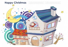 分层插画卡通房屋圣诞节主题插画PSD分层素材
