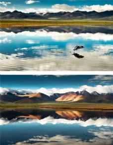 大自然蓝天白云湖边倒影高山背景图片