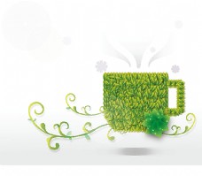 绿色叶子绿叶茶杯与时尚花纹
