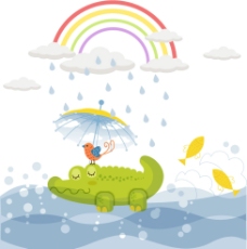 童趣绿色鳄鱼插画矢量素材图片
