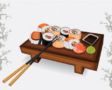 桌子方桌上的寿司和筷子插画