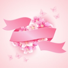 春季主题粉樱花粉丝带与粉蝴蝶