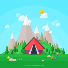远山有山背景的野营帐篷