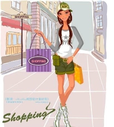 时尚购物女孩矢量卡通人物AI0157