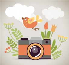 卡通相机和花鸟矢量素材