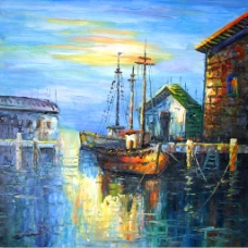 抽象派码头渔船风景油画篇