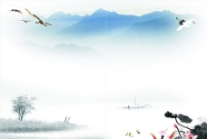 中国风设计水墨山水画荷花鱼大雁天鹅小船图片