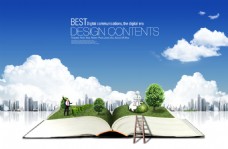 创意建筑超大书本与城市建筑物创意设计PSD