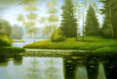 湖边树木草地风景油画