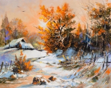 冬季郊区风景油画