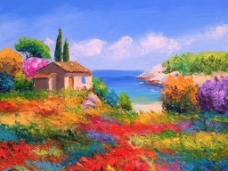 托马斯后现代西欧海边花园小屋风景油画