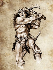 古代图案拿战斧的古代战士纹身图案