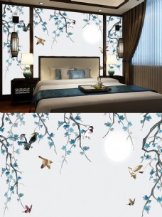 中式蓝色系飞鸟卧室背景墙