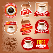 咖啡杯9款红色系咖啡标签矢量素材