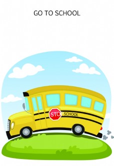 蓝天白云草地去学校的巴士卡通海报背景