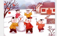 春节新年冬天一群儿童堆雪人插画素材