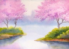 春天风景水彩画