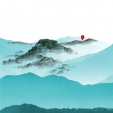 中国风红色落日水墨山水装饰元素