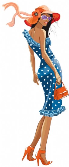 热带风格蓝色斑点裙子女装效果图