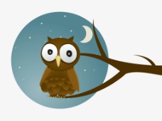 夜晚猫头鹰卡通形象站在树枝上矢量图