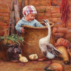孩子与家禽油画