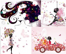 时尚女性时尚蝴蝶花卉女性插画矢量素材图片