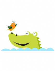 可爱卡通鳄鱼洗澡小鸟唱歌