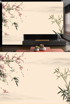 中国传统大气桃花和翠竹客厅背景墙