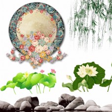 中国风设计荷花石头柳叶图片