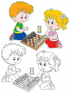 儿童下国际象棋的男孩女孩卡通画
