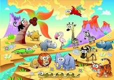 动物画溪流两边五颜六色的动物卡通画