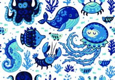 动物画卡通蓝色海洋动物插画