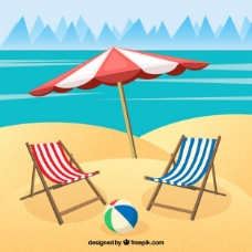 放假海滩上的吊床和遮阳伞