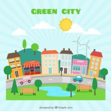 绿树手绘可爱的绿色城市