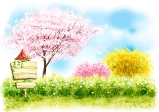 春天风景手绘韩式风景春天唯美插画设计