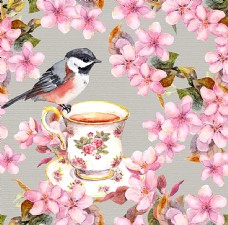 咖啡小鸟与鲜花背景