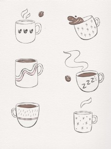 咖啡杯一组棕色系列手绘插画