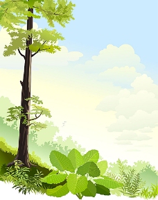 蓝天白云草地蓝天白云与植物风景插画