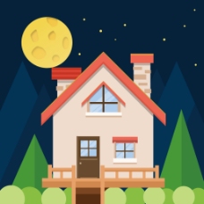 深夜的月亮照着的小房子 扁平化风格