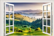 大自然3D窗户高山绿草美景图片