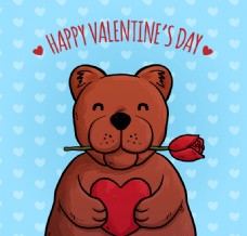情人贺卡叼玫瑰花的棕熊情人节贺卡矢量图