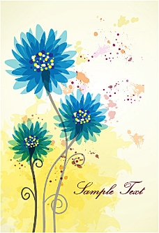 黄色背景墨迹与蓝色花朵