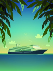 假日旅游矢量卡通海洋轮船夏日度假旅游背景
