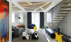 现代式楼梯现代时尚复式客厅金色楼梯室内装修效果图