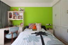 现代时尚黄绿色背景墙卧室室内装修效果图