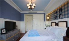 室内背景现代清新时尚卧室蓝色格子背景墙室内装修图