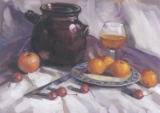 水粉静物玻璃杯樱桃水果刀橘子