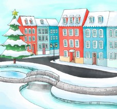 圣诞风景彩绘圣诞城市风景矢量素材