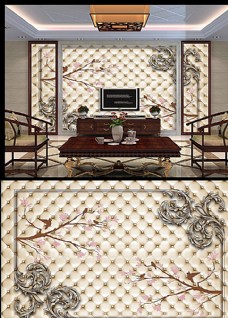 沙发背景墙欧式花纹皮革软包背景墙图片
